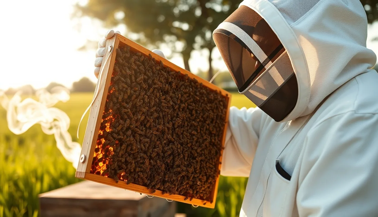 Beekeeper inspecting a brood frame for varroa mites in an outdoor apiary
