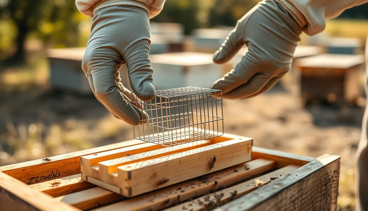 Beekeeper placing a queen cage on a brood frame during a brood break