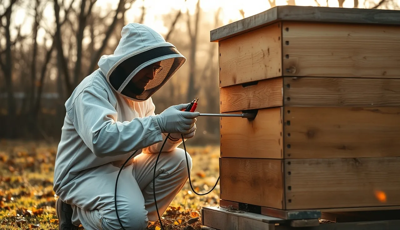 Beekeeper connecting a 12V oxalic acid vaporizer to a Langstroth hive at dawn