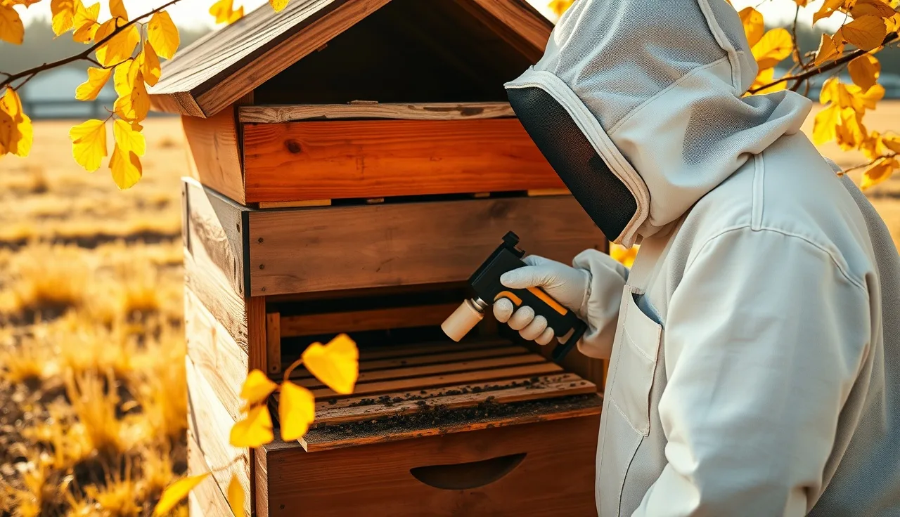 Beekeeper applying oxalic acid vaporizer to Langstroth hive entrance in autumn