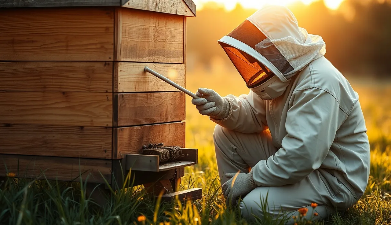 Beekeeper applying oxalic acid vaporizer to hive at early morning
