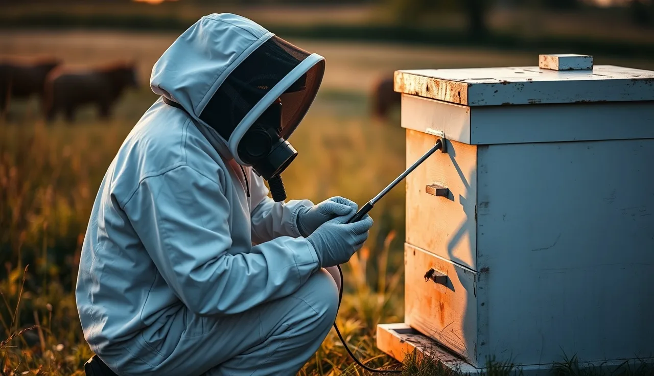 Beekeeper connecting battery cables to an oxalic acid vaporizer wand at a hive at dusk