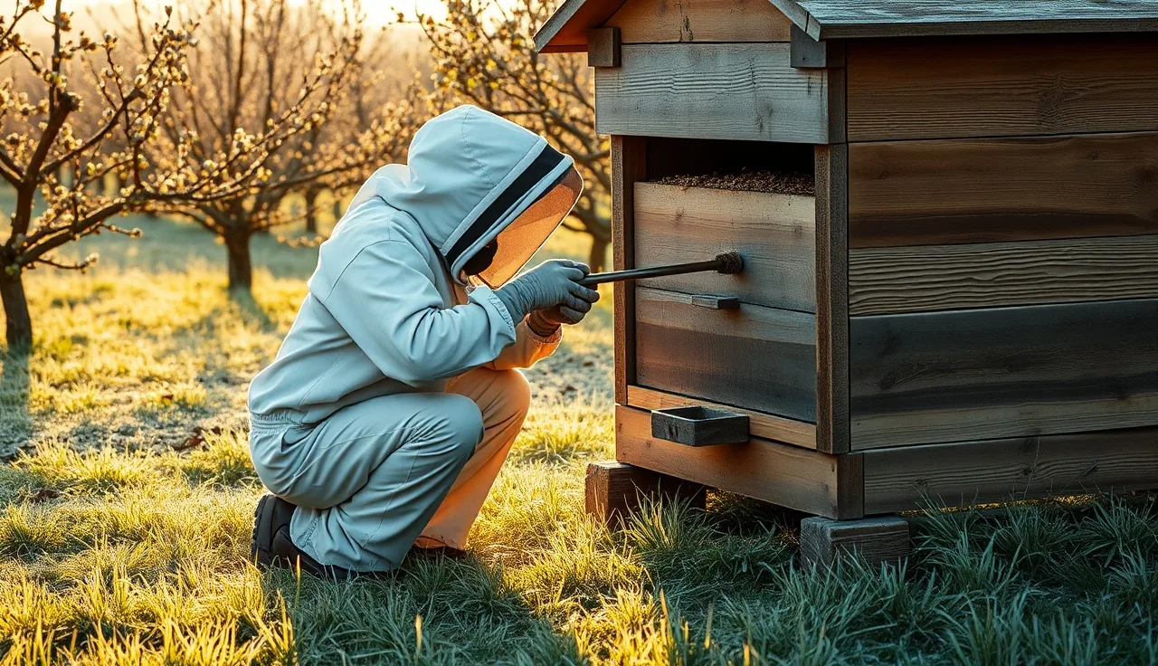 Beekeeper inserting an oxalic acid vaporizer wand into a wooden hive entrance in autumn
