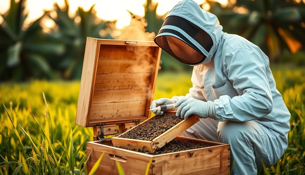 Beekeeper treating a hive frame for varroa mites in a tropical apiary