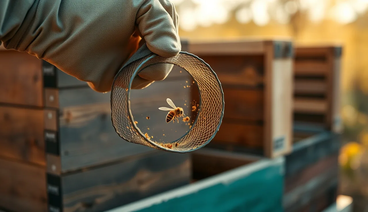 Beekeeper holding a mesh queen cage above open hive frames during a brood break