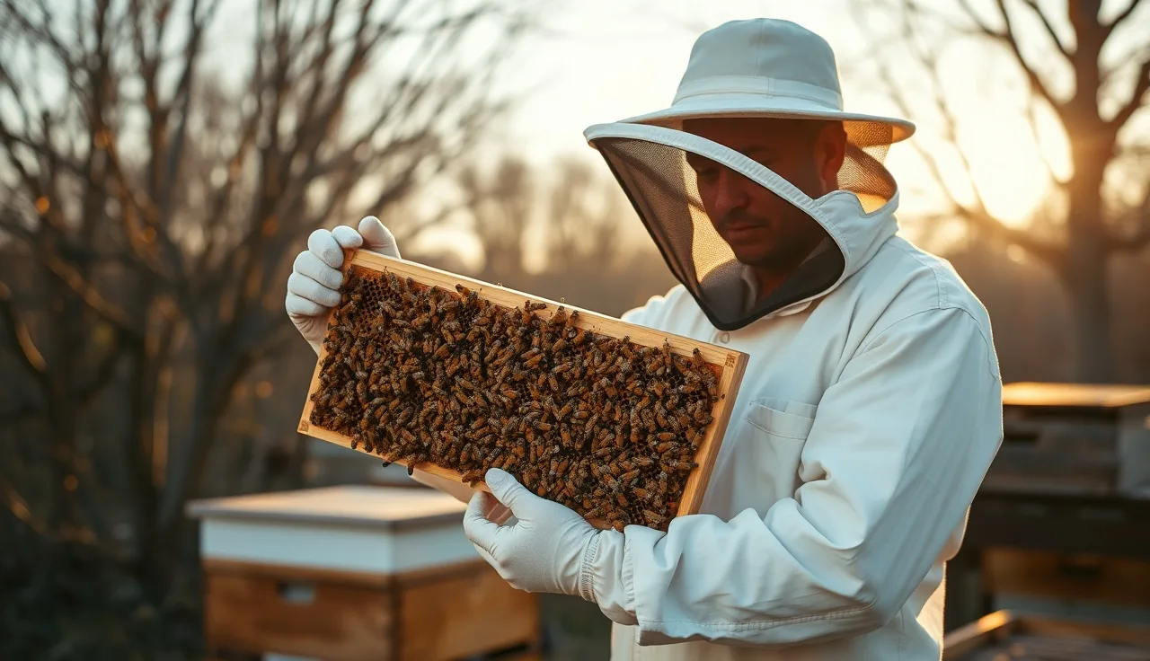 Beekeeper holding broodless frame of bees during varroa treatment inspection