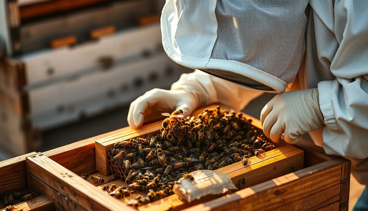 Beekeeper caging a queen bee on a brood frame for a varroa brood break