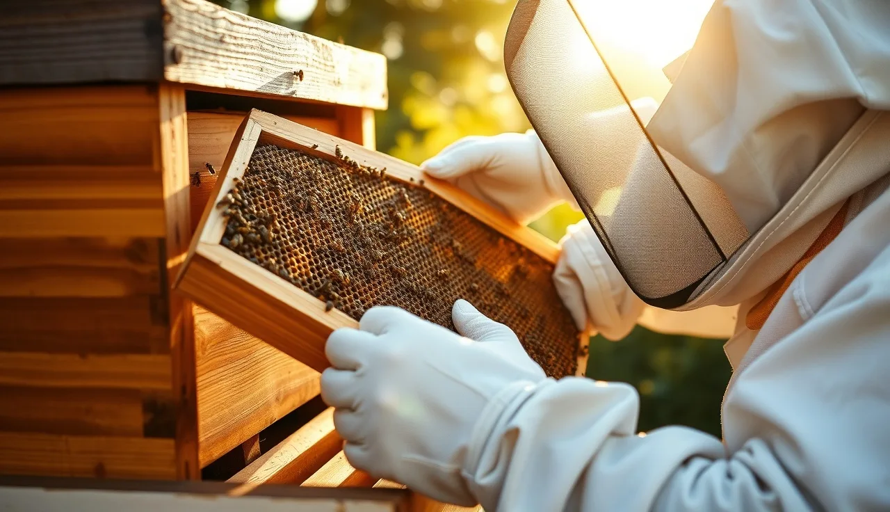 Beekeeper inspecting a broodless frame during a varroa brood break in late summer