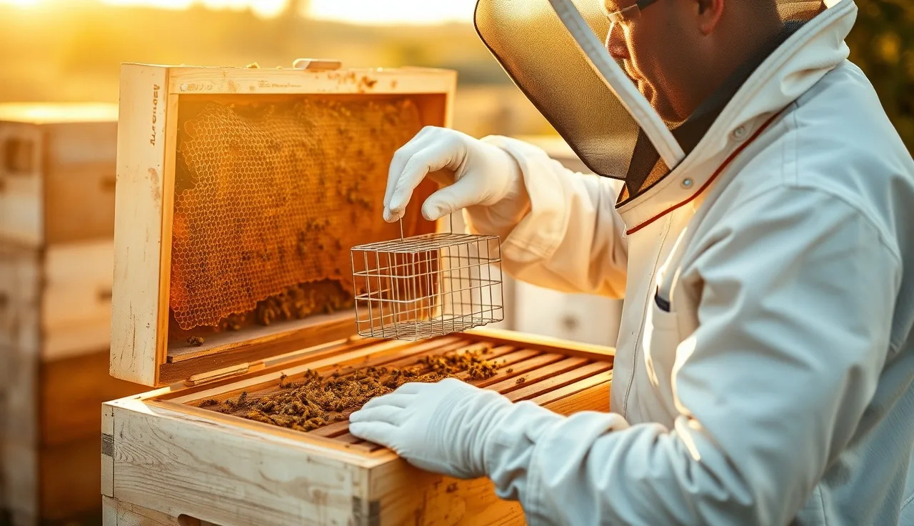 Beekeeper placing a queen cage onto a brood frame during a varroa brood break