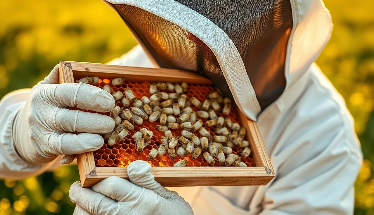 Beekeeper inspecting capped brood frame during a varroa brood break inspection