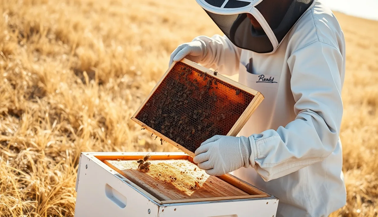 Beekeeper inspecting brood frame from hive during hot summer afternoon