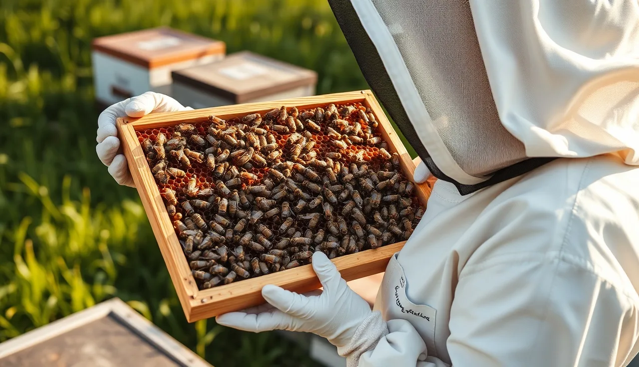 Beekeeper holding a brood frame with capped honeybee brood for varroa mite sampling