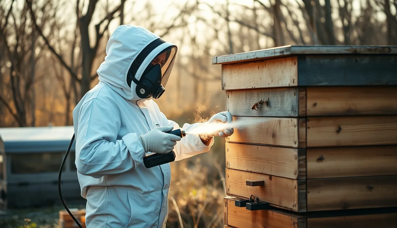 Beekeeper using an oxalic acid vaporizer at a wooden hive entrance in autumn
