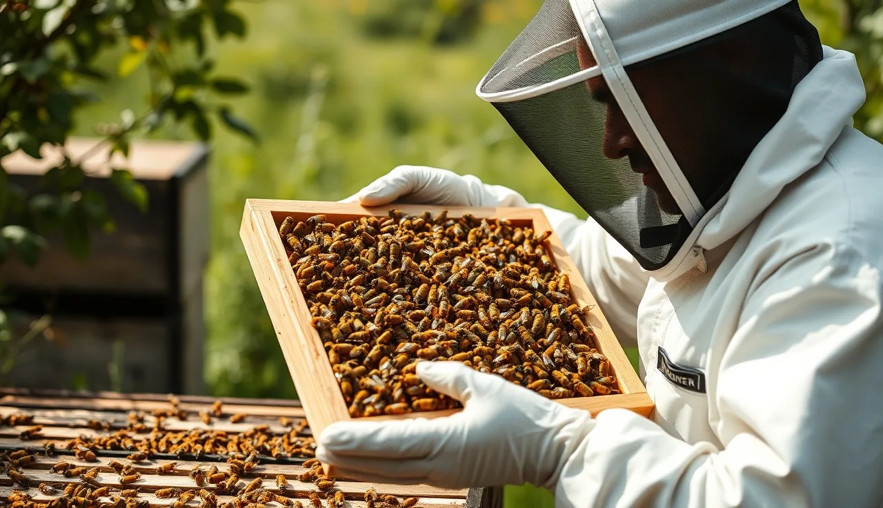 Beekeeper inspecting a frame of Buckfast bees in an outdoor apiary