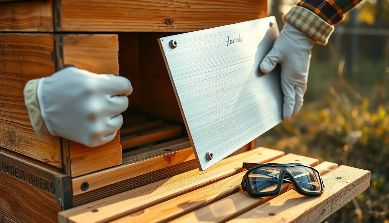 Gloved beekeeper pressing a homemade aluminum vaporizer shield against a hive entrance