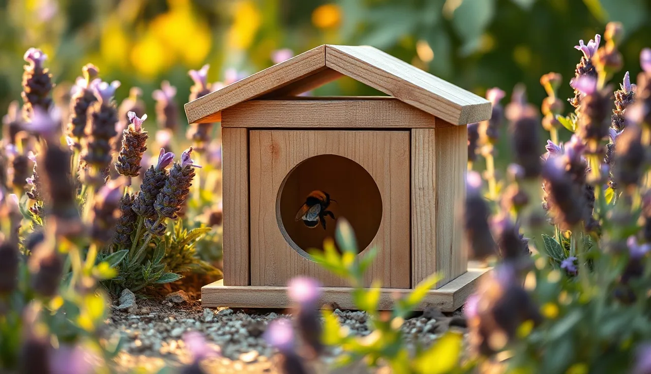 Wooden bumblebee nest box in a flowering garden during bumblebee beekeeping