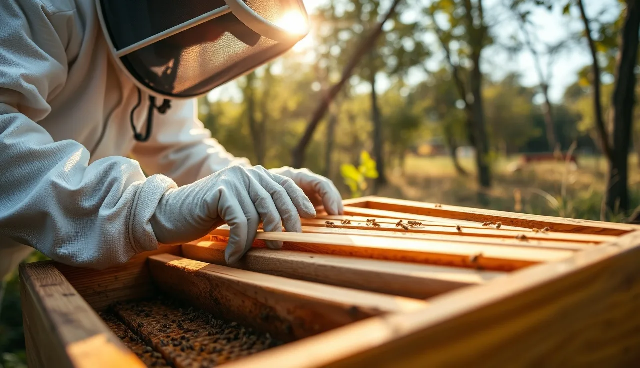 Beekeeper in gloves placing Apivar strips between honeycomb frames in an open hive