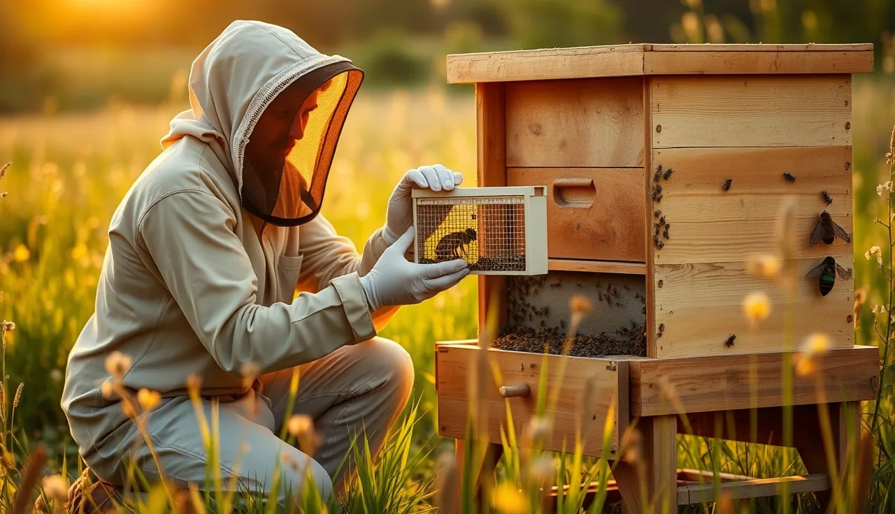 Beekeeper examining a plastic queen cage pulled from an open beehive in a summer meadow