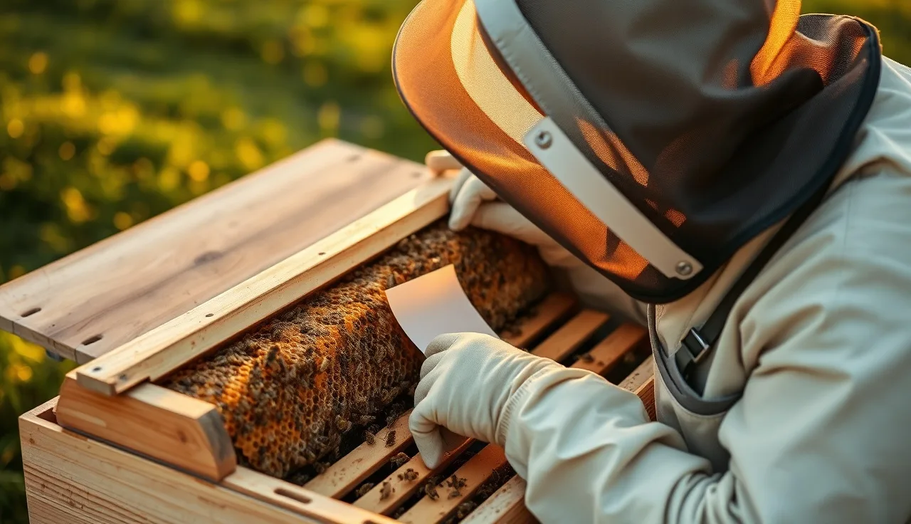 Beekeeper removing an Apivar strip from hive frames during varroa treatment