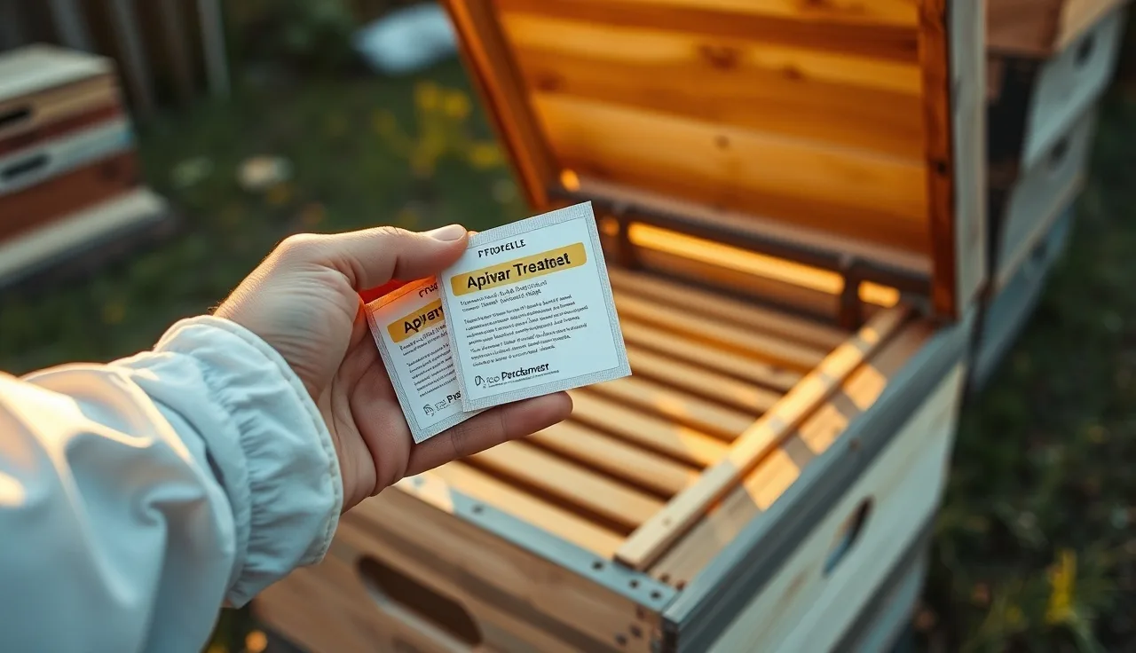 Beekeeper holding unused Apivar varroa treatment strips over an open hive