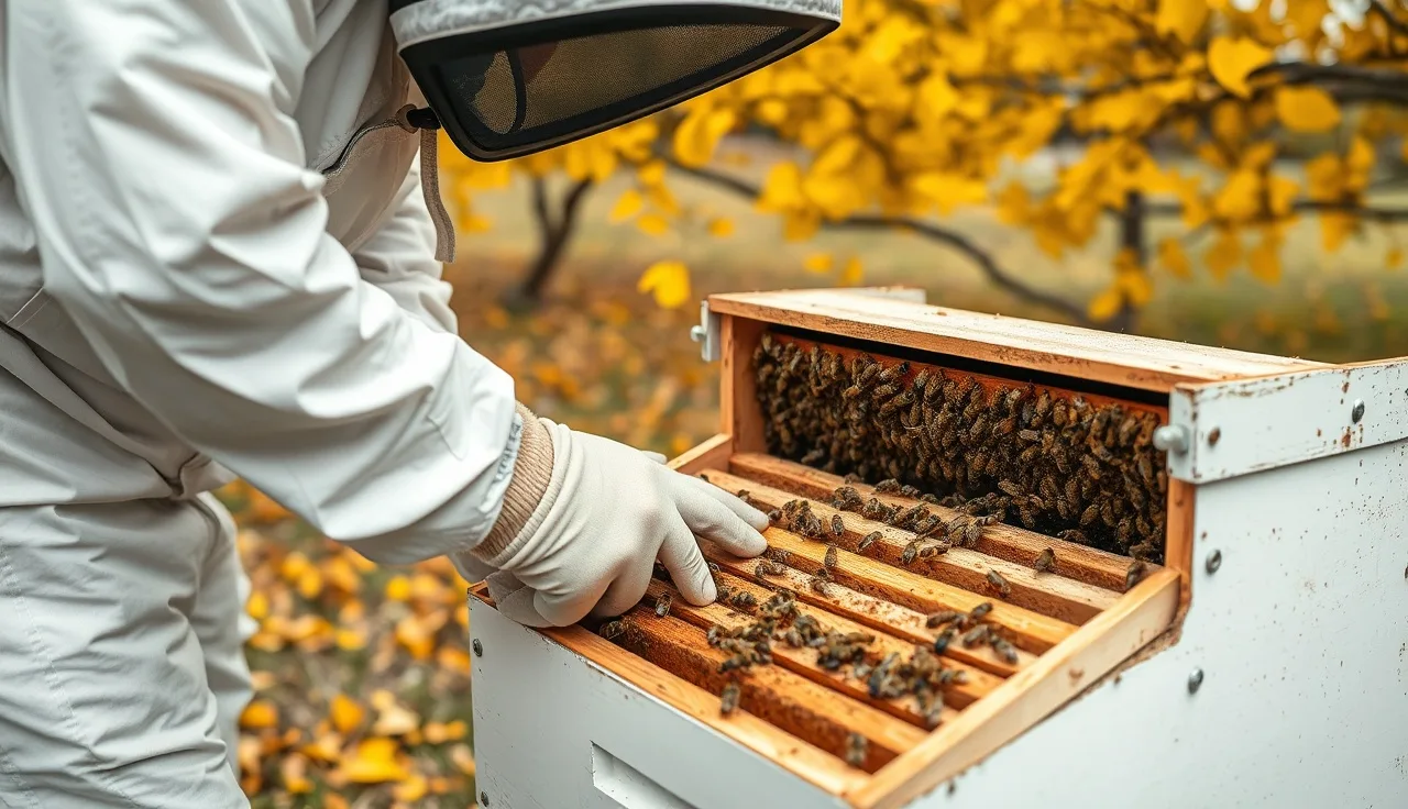 Beekeeper inspecting an open hive in an autumn orchard during October varroa treatment
