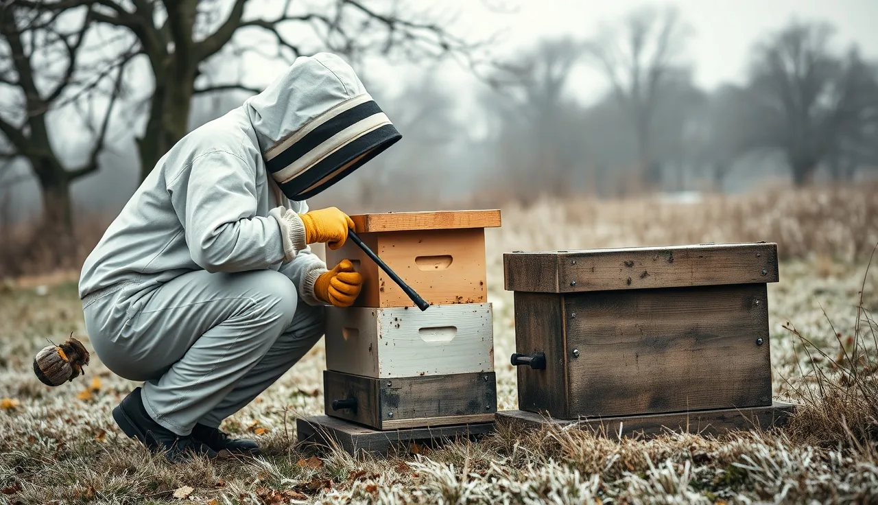 Beekeeper vaporizing oxalic acid into a hive entrance on a cold November morning