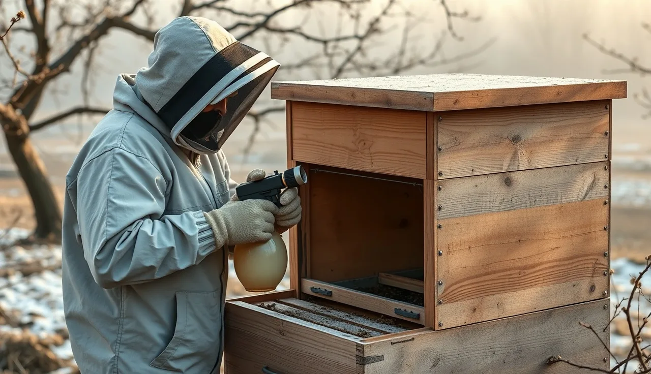 Beekeeper using oxalic acid vaporizer at a hive entrance in winter California orchard