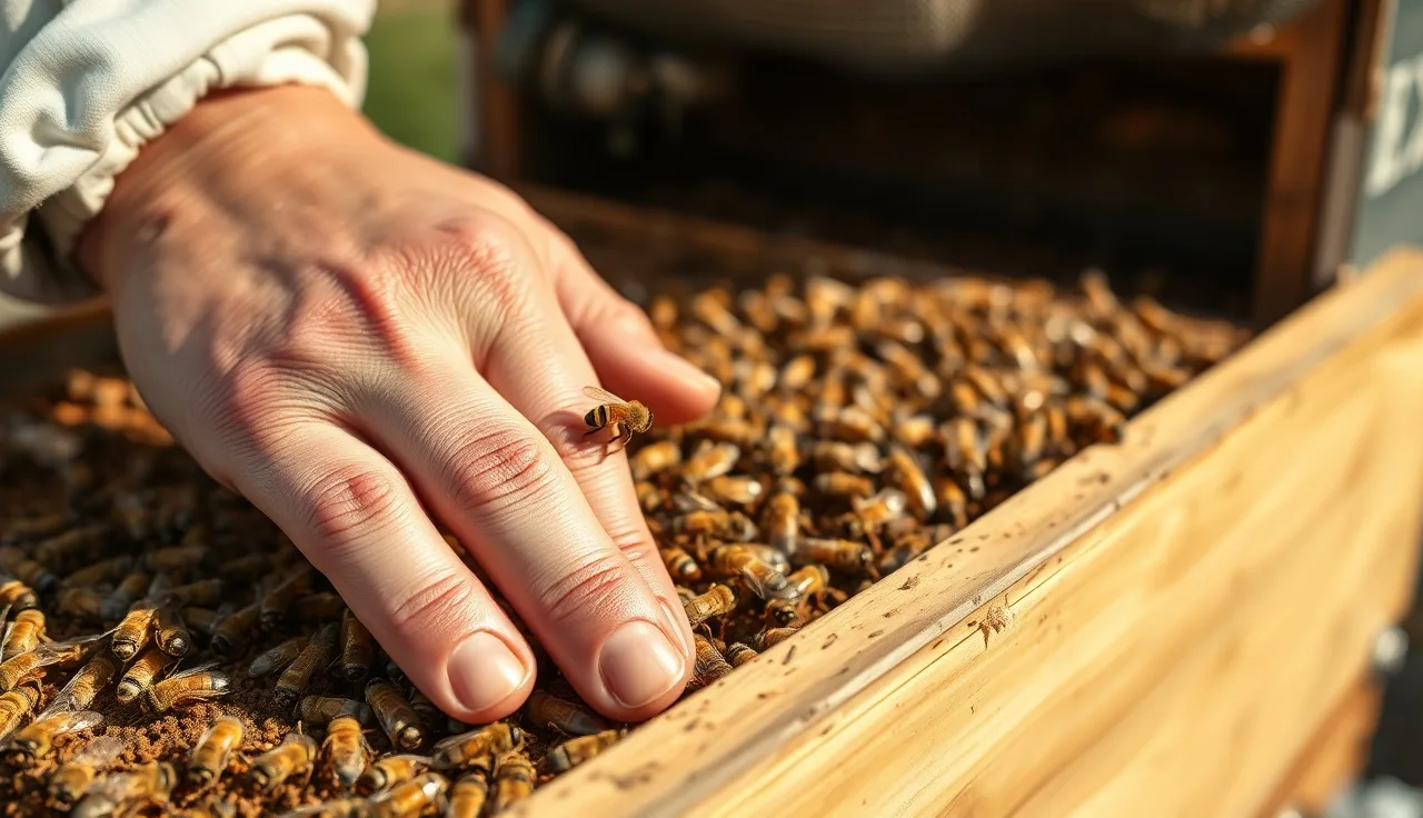 Beekeeper's hand resting on a bee-covered hive frame during inspection