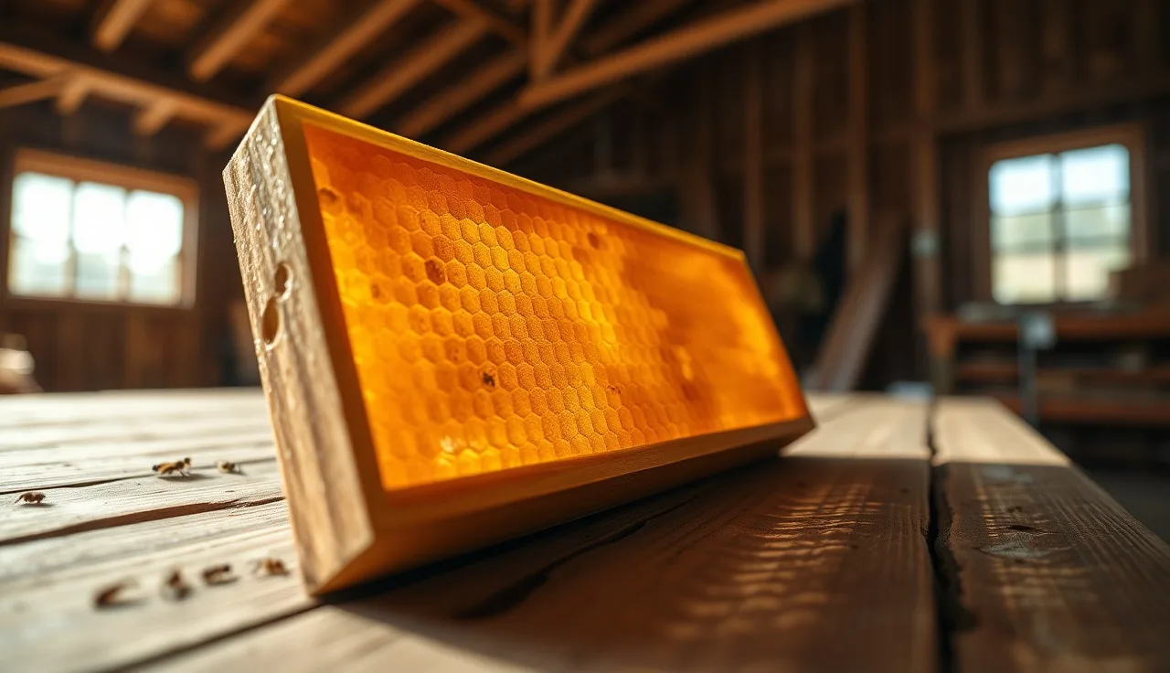 Empty beeswax comb frame on a wooden workbench inside a sunlit barn