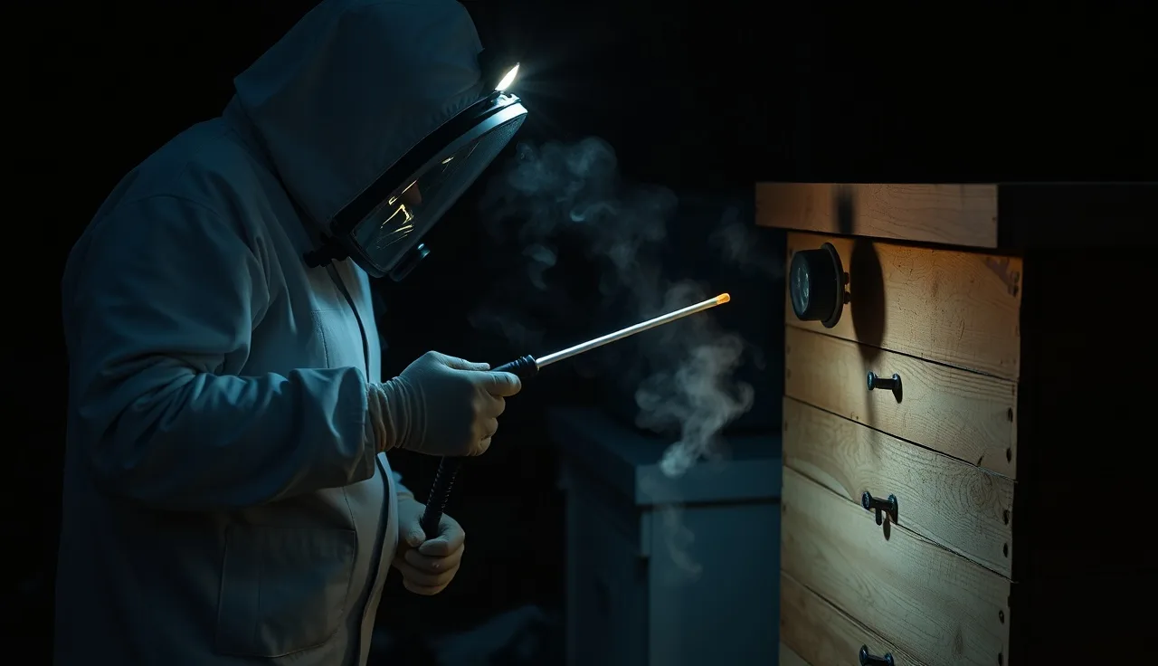 Beekeeper using an oxalic acid vaporizer wand at a hive entrance at night