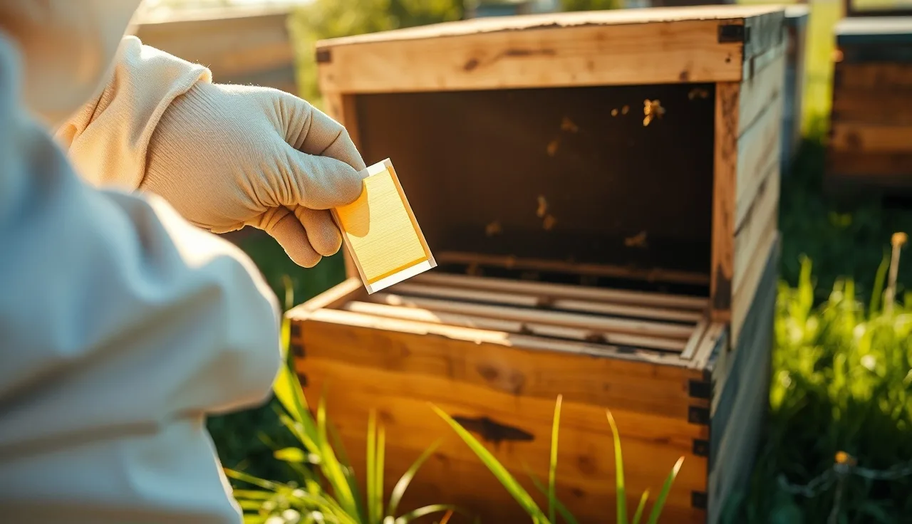 Gloved beekeeper holding an Apivar strip above an open hive body in a sunny apiary