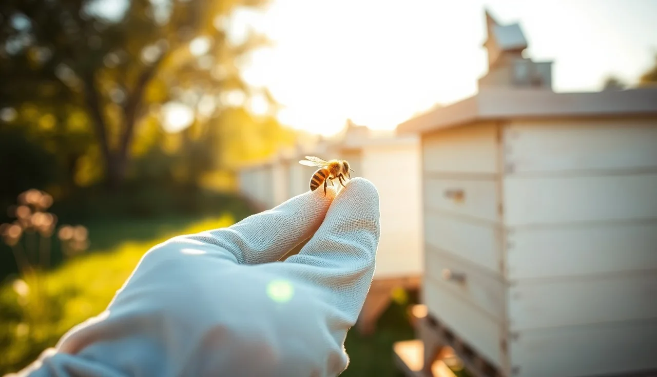 Beekeeper inspecting a honey bee closely for varroa mites in sunlight