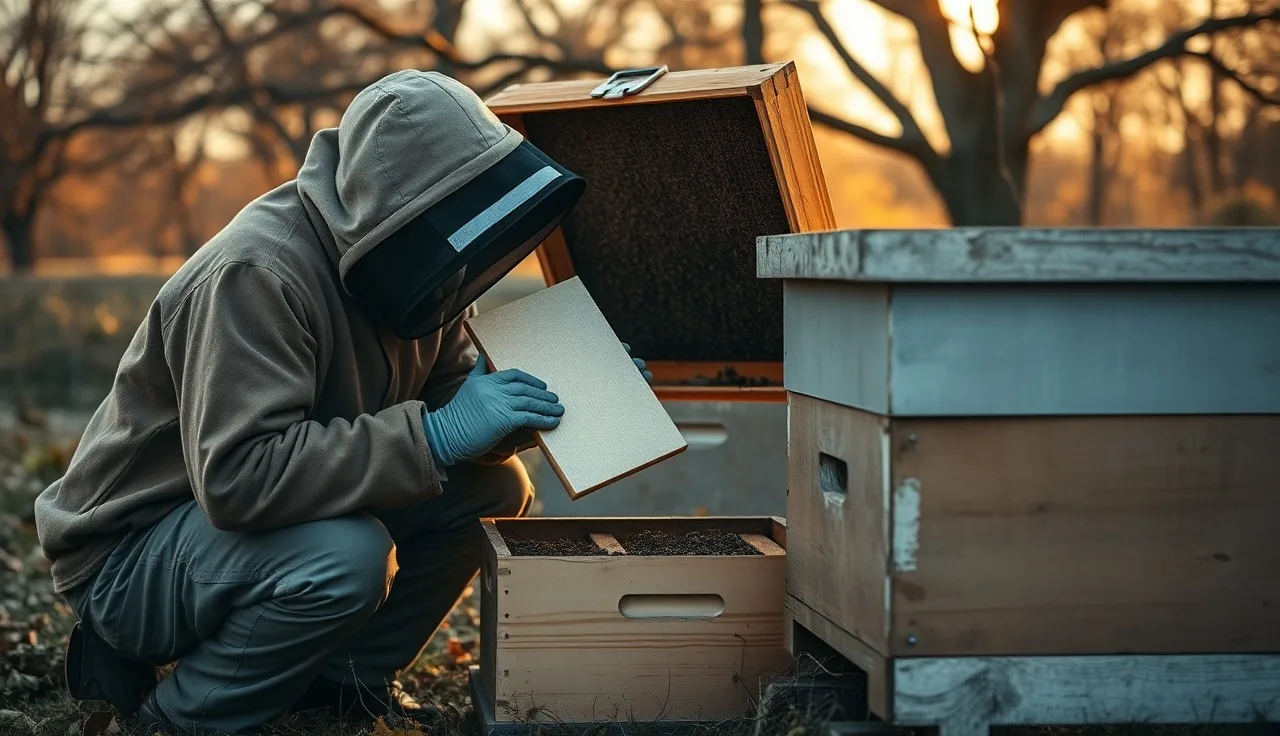 Beekeeper installing a candy board over a winter honey bee cluster in autumn