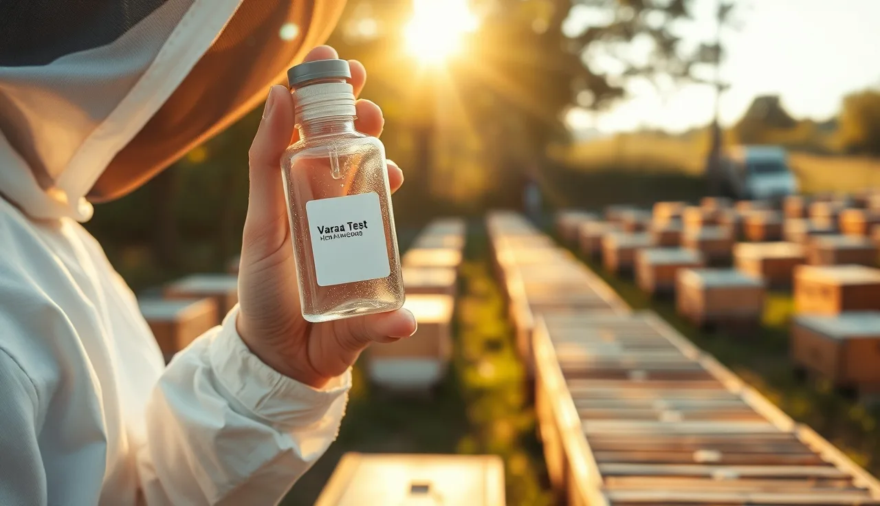 Beekeeper holding a clear varroa test bottle up to light at an outdoor apiary