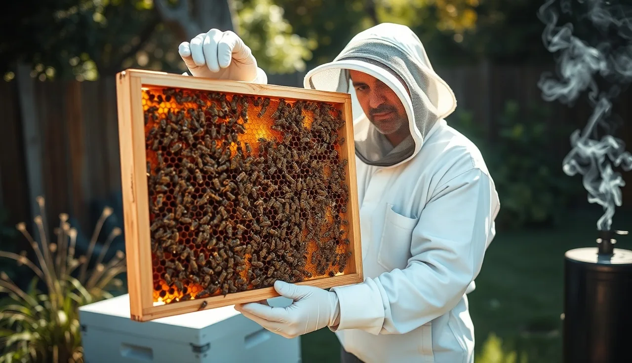Beekeeper inspecting a honey-filled Langstroth frame during afternoon hive inspection