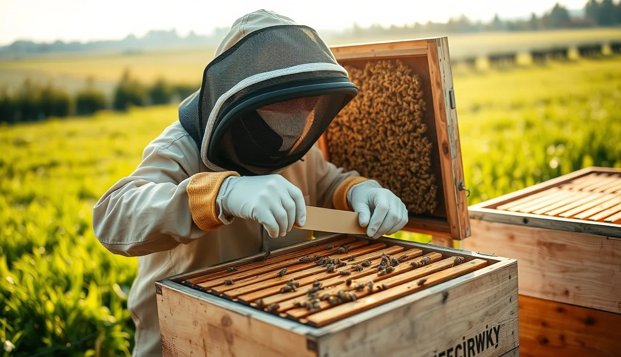 Beekeeper inserting a varroa treatment strip between brood frames in an open hive