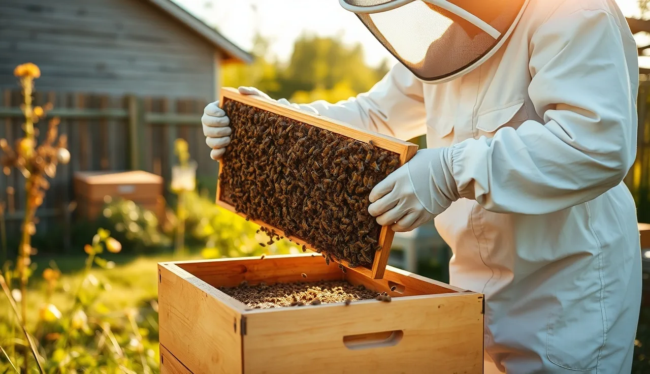 Beekeeper inspecting a brood frame above an open hive for varroa mites