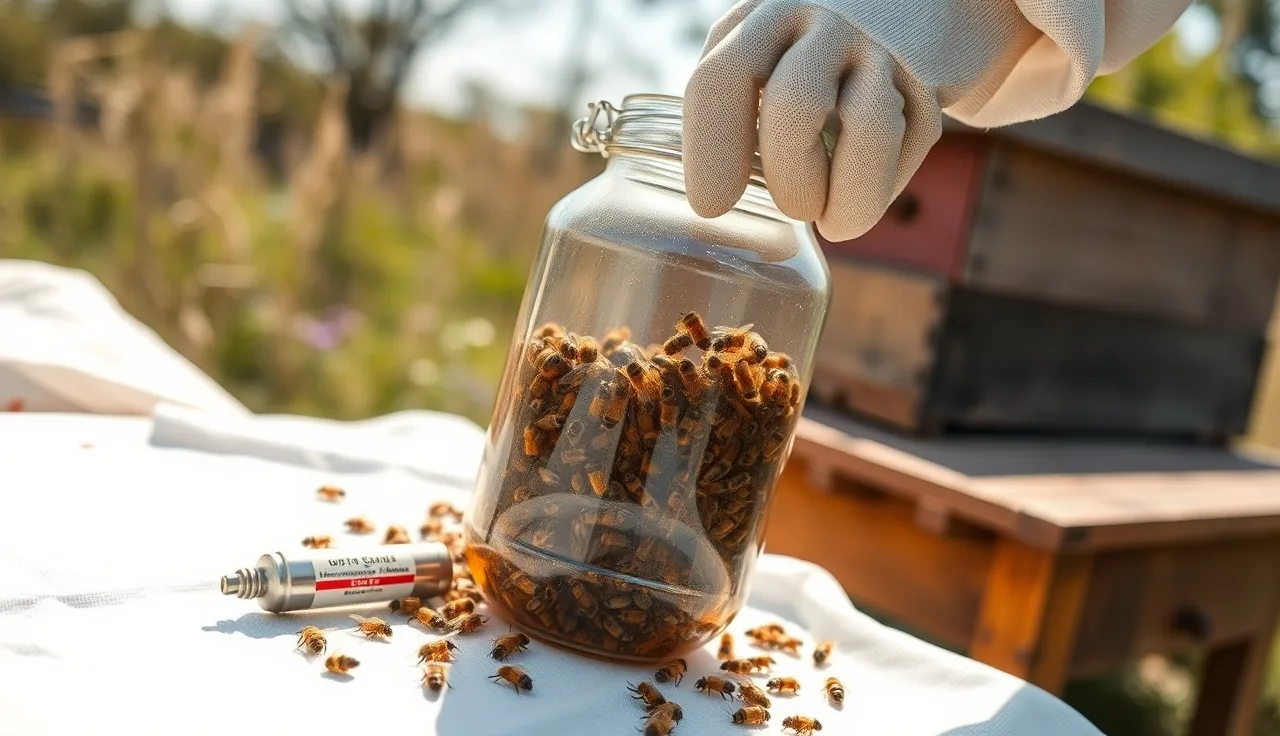 Beekeeper holding a bee-filled jar during a CO2 mite roll count outdoors