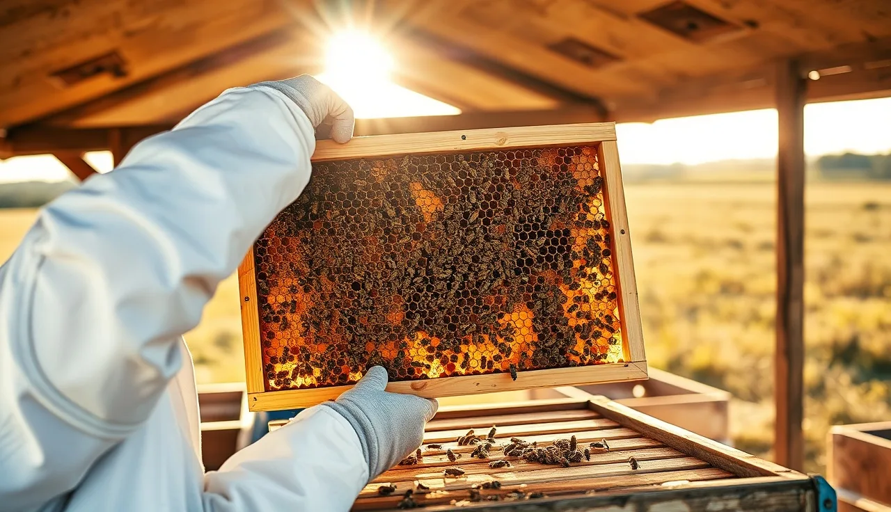 Beekeeper examining nearly empty hive frame, possible colony collapse disorder