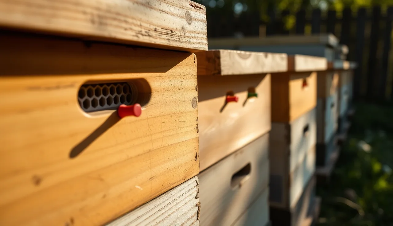 Row of beehives with colored thumbtacks marking varroa treatment status on each entrance