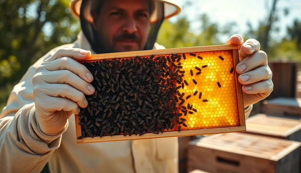 Beekeeper comparing old dark brood comb frame to fresh pale wax frame