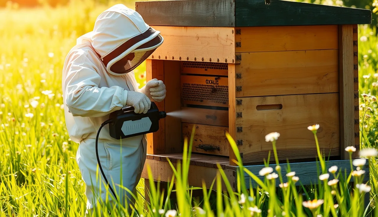 Beekeeper applying oxalic acid vaporizer to hive entrance during combination varroa treatment