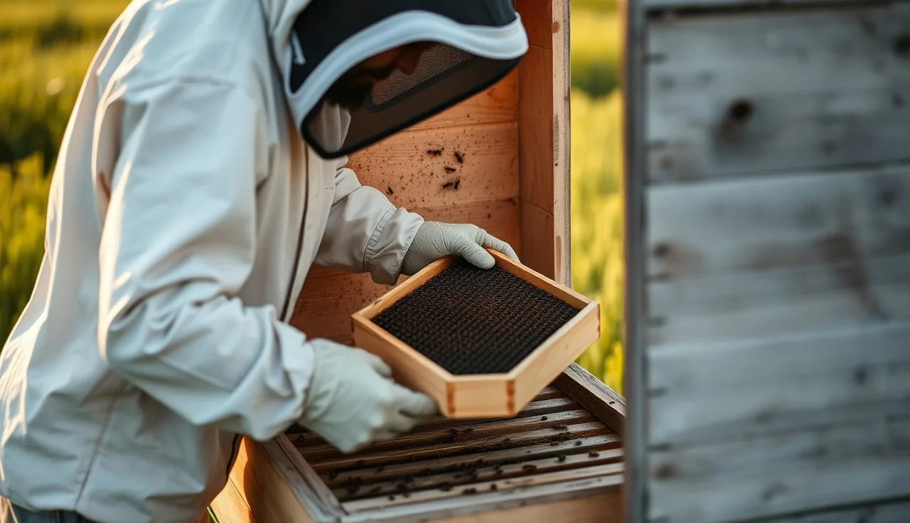 Beekeeper placing thymol treatment tray on brood frames inside open hive