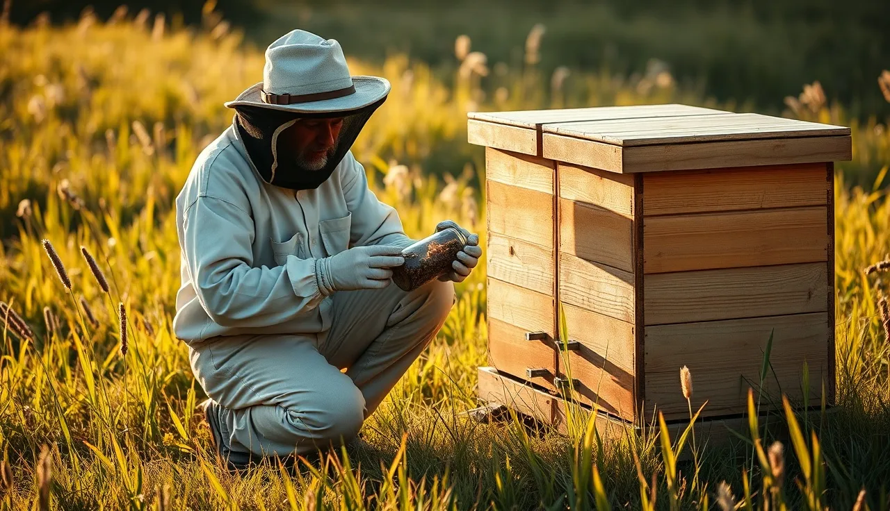 Beekeeper performing alcohol wash mite count beside two hives in summer meadow