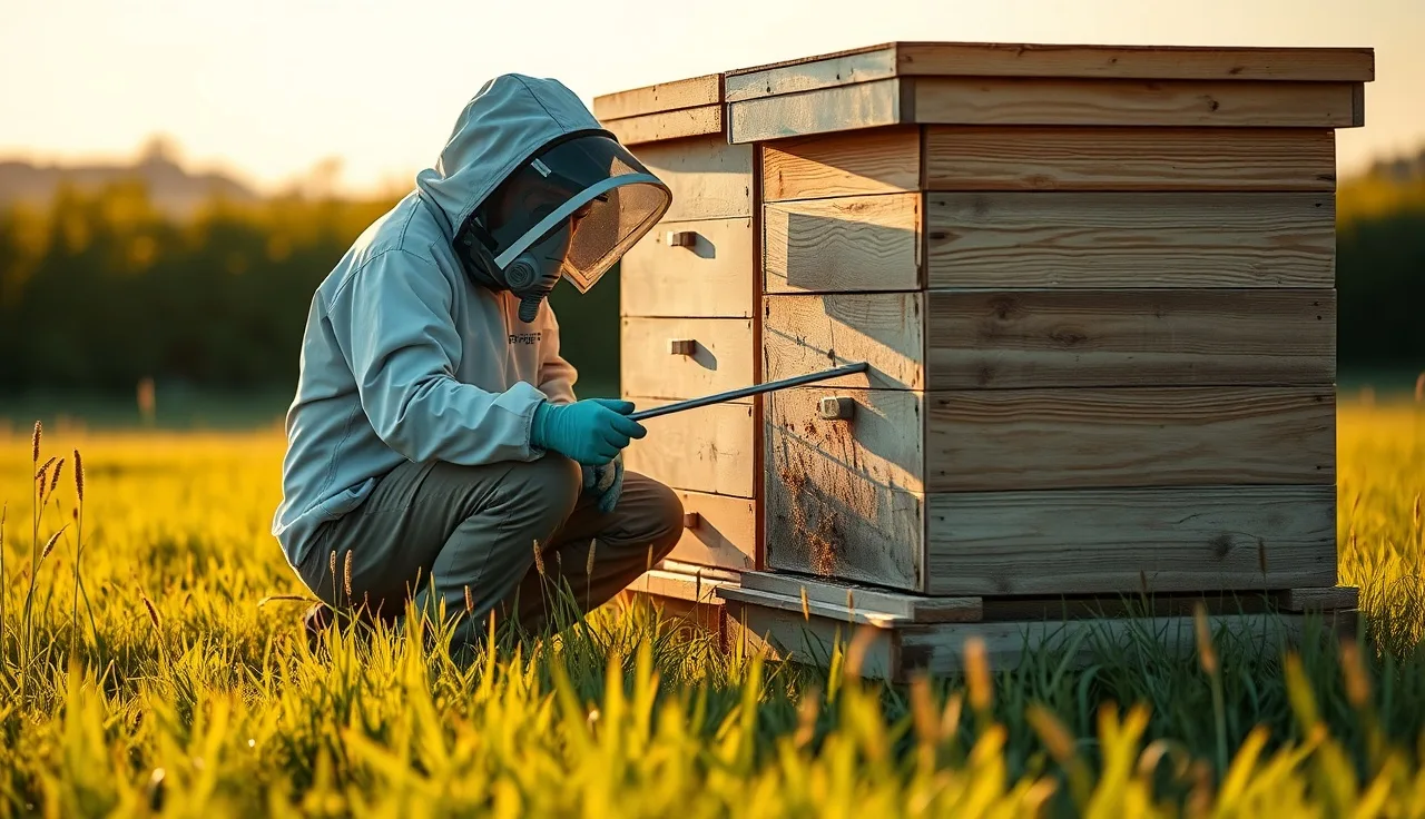 Beekeeper using an oxalic acid vaporizer wand at a Langstroth hive entrance at dawn