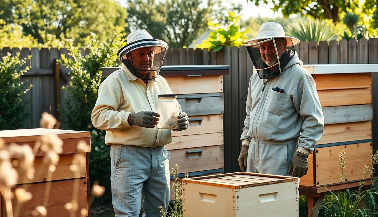 Two beekeepers comparing varroa mite wash results beside adjacent hives