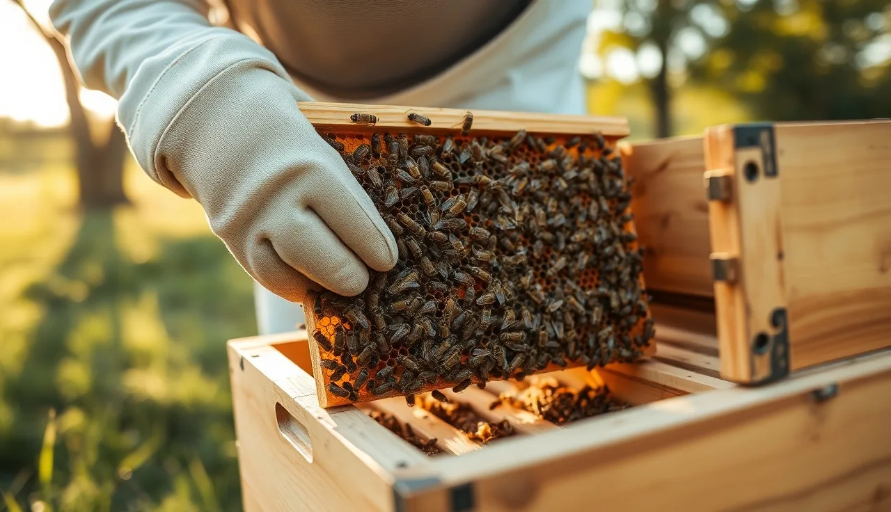 Beekeeper inspecting a brood frame covered in bees for varroa mite signs