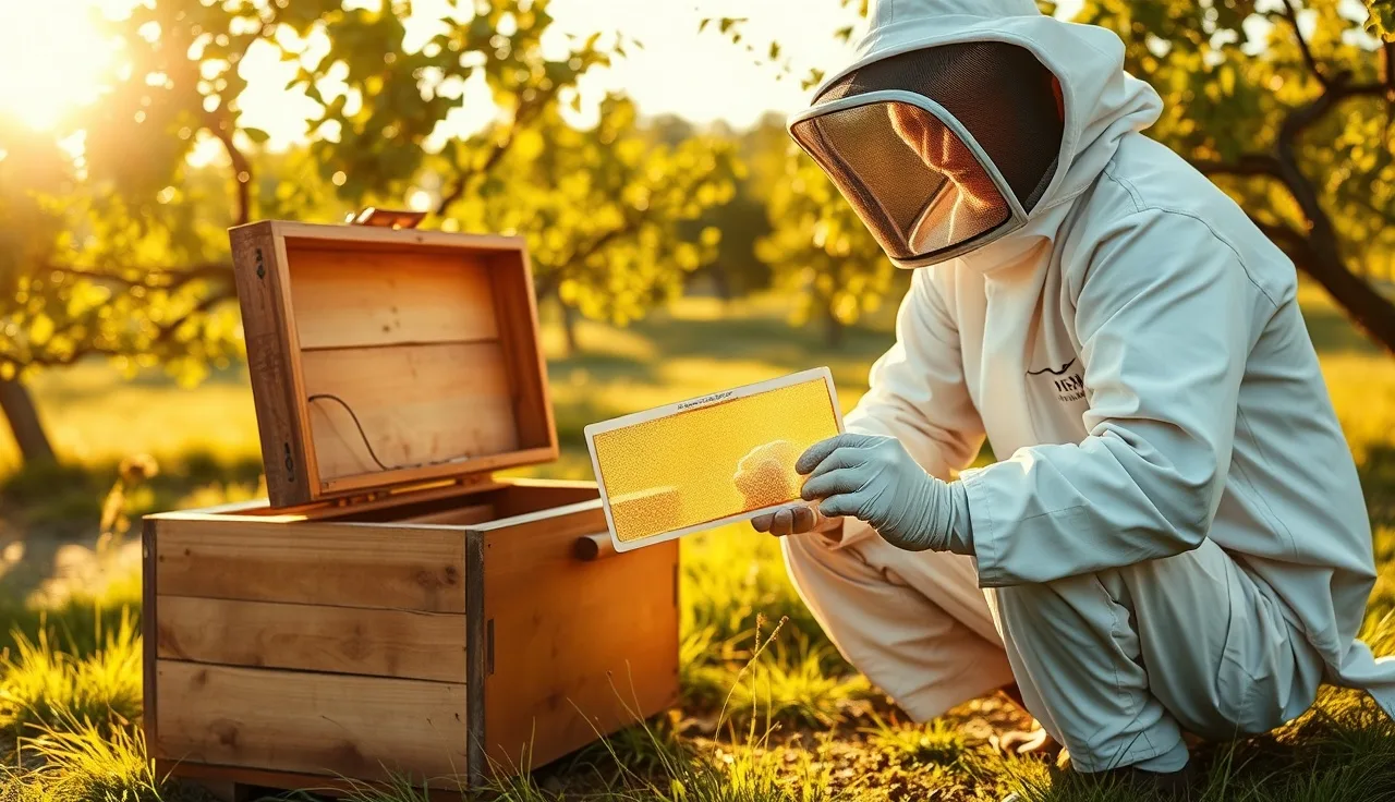Beekeeper holding a varroa treatment strip beside an open hive box