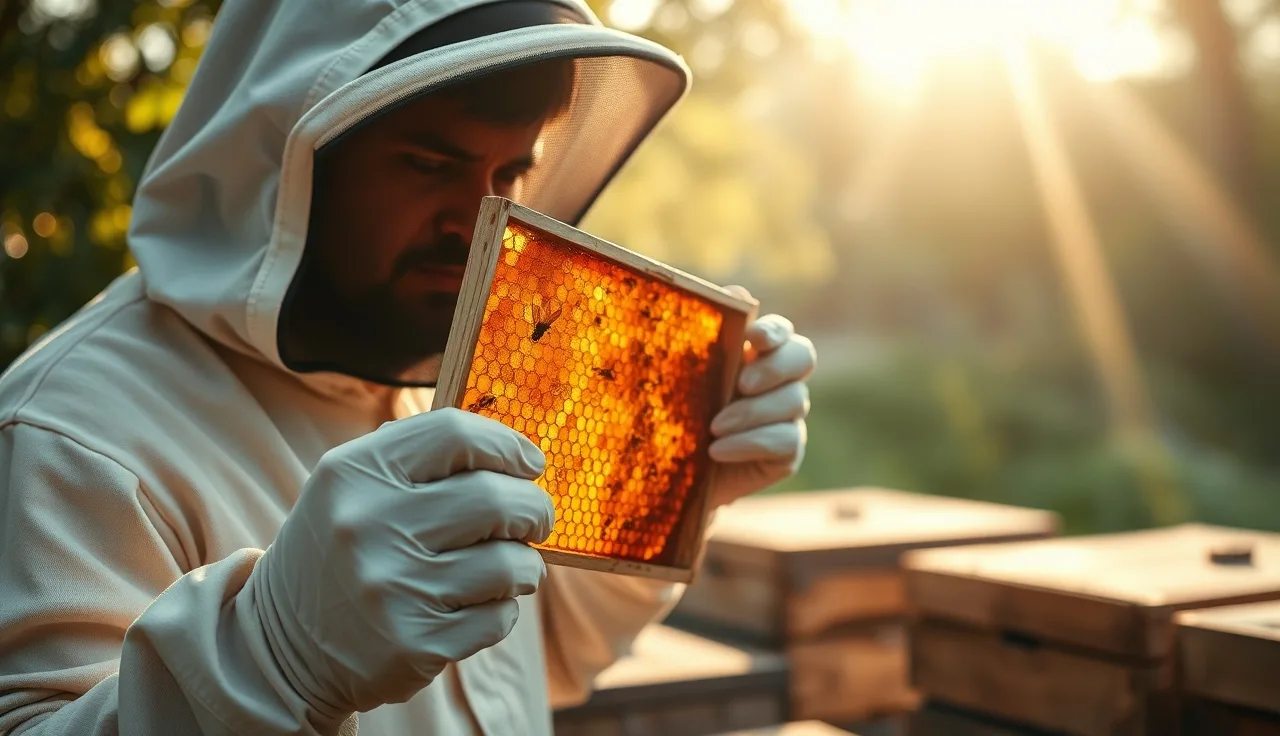 Beekeeper examining old dark beeswax comb for coumaphos residue contamination