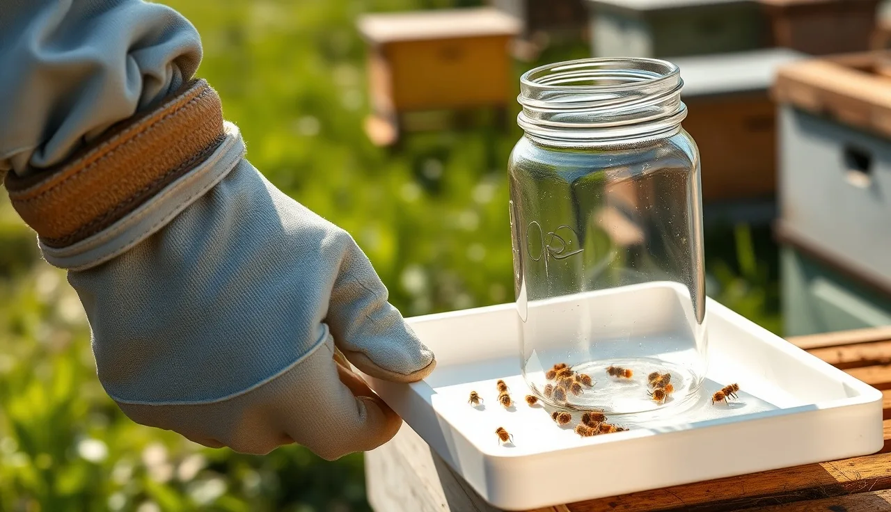 Beekeeper examining a white tray for varroa mites after an alcohol wash sample